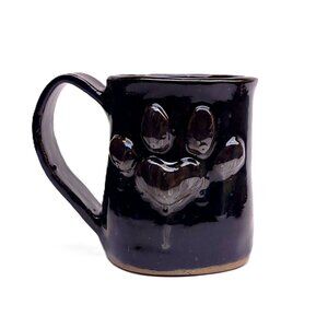 Hand-Thrown Artisan Pottery Black Mug With 3-D Heart & Paw Print Signed Joan G.